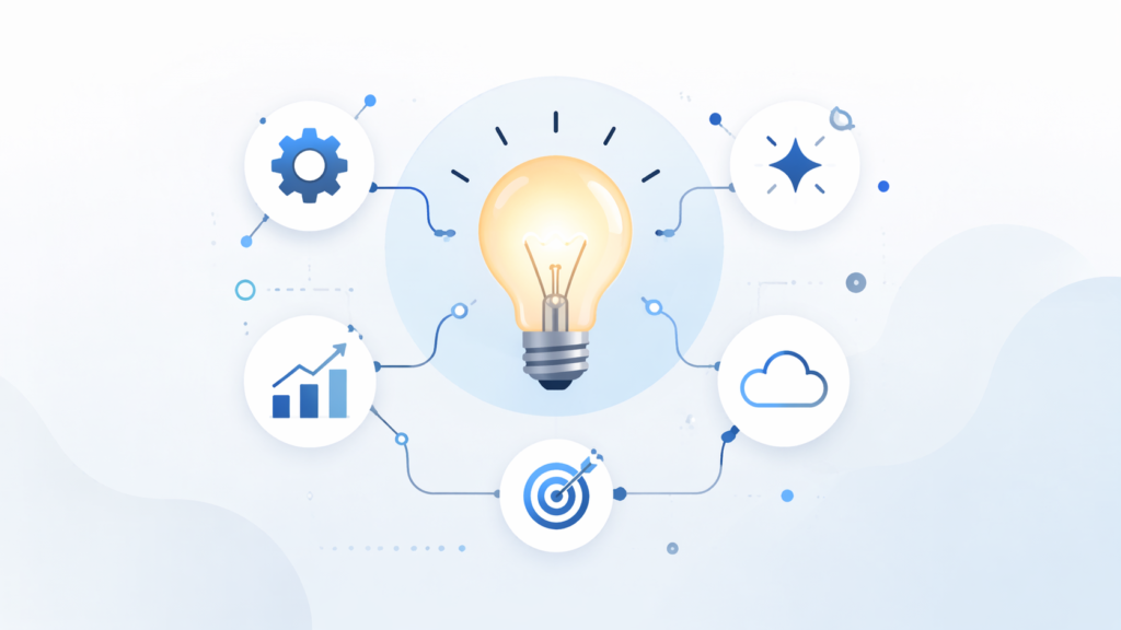 Woeken concept illustration showing a lightbulb connected to icons representing creativity, innovation, and ideas in a modern flat design
