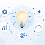 Woeken concept illustration showing a lightbulb connected to icons representing creativity, innovation, and ideas in a modern flat design