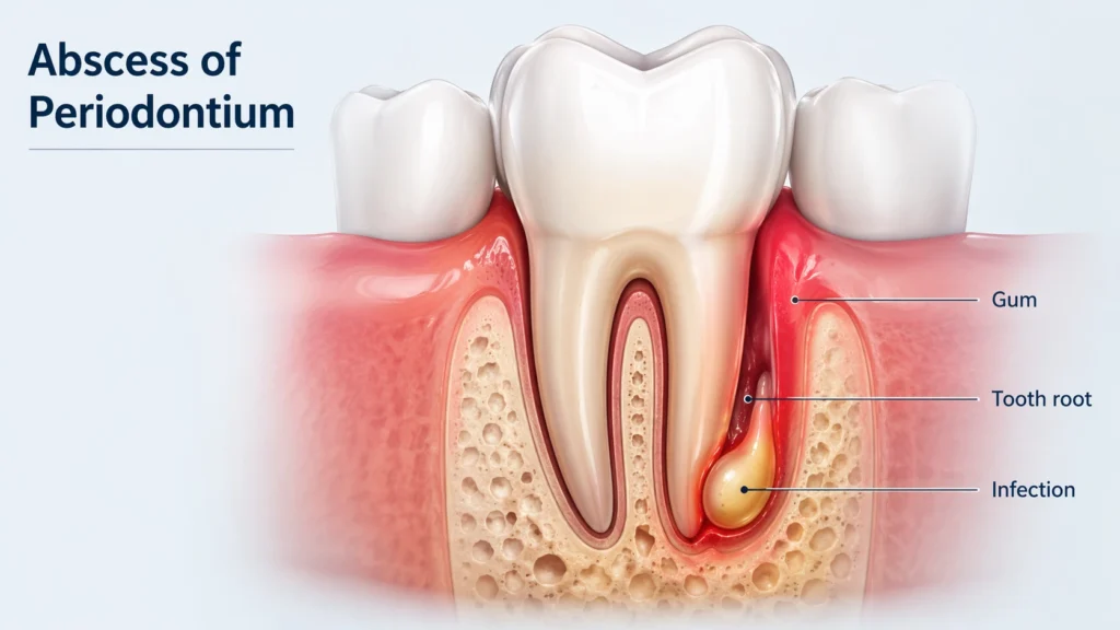 Abscess of periodontium showing infected gum tissue and pus near tooth root in detailed dental cross section