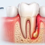 Abscess of periodontium showing infected gum tissue and pus near tooth root in detailed dental cross section