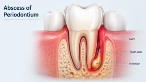 Abscess of periodontium showing infected gum tissue and pus near tooth root in detailed dental cross section