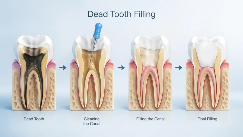 Dead tooth filling process showing root canal cleaning and sealed tooth with dental filling in detailed cross-section illustration