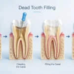 Dead tooth filling process showing root canal cleaning and sealed tooth with dental filling in detailed cross-section illustration