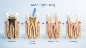 Dead tooth filling process showing root canal cleaning and sealed tooth with dental filling in detailed cross-section illustration