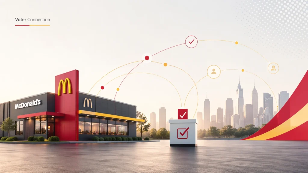 Trump McDonald’s voter connection concept showing fast food restaurant, ballot box, and city skyline representing political branding and voter engagement