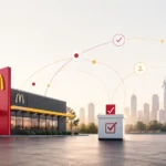 Trump McDonald’s voter connection concept showing fast food restaurant, ballot box, and city skyline representing political branding and voter engagement