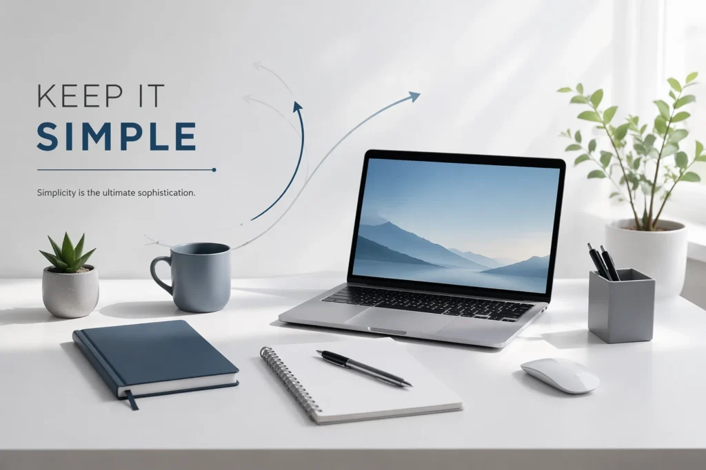 Minimal workspace with laptop, notebook, and clean desk setup representing simpciry and organized productivity
