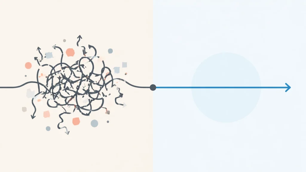 Minimal illustration comparing messy complexity with clean simpciry using tangled lines vs straight smooth path
