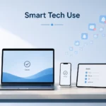 Roartechmental tech infoguide by riproar showing a clean minimal digital workspace with laptop, phone, and tablet, fading notifications, and smart tech use concept
