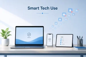 Roartechmental tech infoguide by riproar showing a clean minimal digital workspace with laptop, phone, and tablet, fading notifications, and smart tech use concept