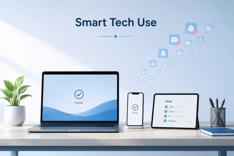 Roartechmental tech infoguide by riproar showing a clean minimal digital workspace with laptop, phone, and tablet, fading notifications, and smart tech use concept