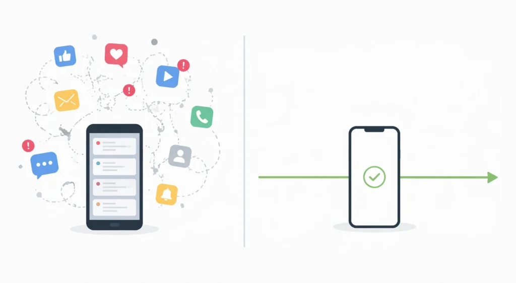 Roartechmental tech infoguide by riproar illustrating digital overload vs calm tech usage with messy icons on one side and a clean focused device on the other