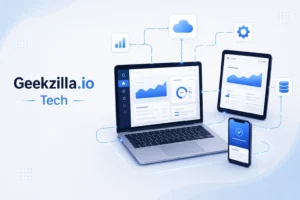 ### **Alt Text for Image 1** Geekzilla io tech professional illustration showing a clean digital workspace with laptop, smartphone, and tablet connected with smooth lines, minimal UI elements, and modern flat design --- ### **Alt Text for Image 2** Geekzilla io tech minimal illustration showing a single clean device with a smooth signal line, lots of white space, and simple modern flat design