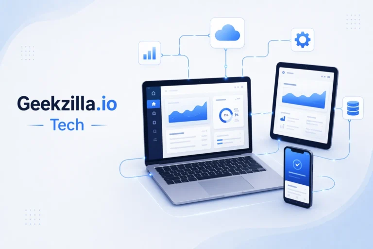 ### **Alt Text for Image 1** Geekzilla io tech professional illustration showing a clean digital workspace with laptop, smartphone, and tablet connected with smooth lines, minimal UI elements, and modern flat design --- ### **Alt Text for Image 2** Geekzilla io tech minimal illustration showing a single clean device with a smooth signal line, lots of white space, and simple modern flat design