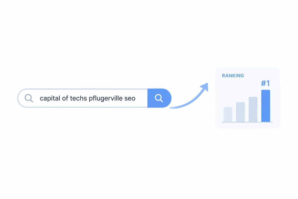 Simple illustration of capital of techs Pflugerville SEO with search bar and upward ranking arrow representing local SEO growth