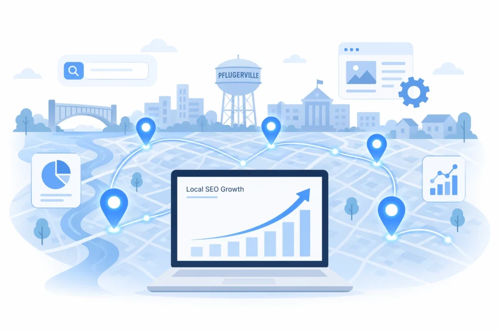 Capital of techs Pflugerville SEO concept showing digital city map with connected data points and laptop displaying local search growth analytics