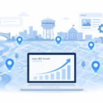 Capital of techs Pflugerville SEO concept showing digital city map with connected data points and laptop displaying local search growth analytics