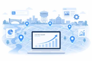 Capital of techs Pflugerville SEO concept showing digital city map with connected data points and laptop displaying local search growth analytics