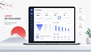 Modern Japan HR tech dashboard showing AI hiring tools, digital workforce analytics, and automation systems in a clean interface
