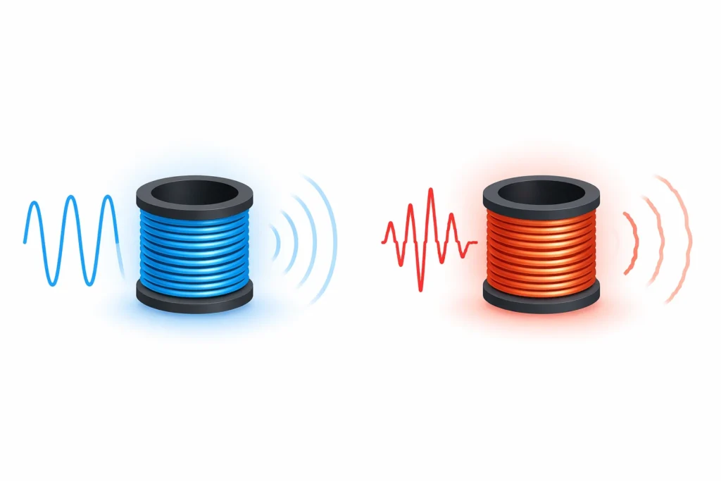 Minimal comparison of cool vs overheated voice coil showing smooth blue signal vs distorted red signal in a clean flat design