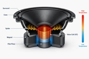 Speaker cross-section diagram showing voice coil (VC) with heat gradient, magnet, cone, and internal components in a clean modern design