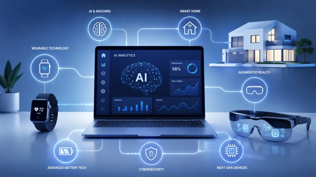 what new tech is coming out otvptech concept showing AI analytics dashboard with smart home, AR glasses, wearable tech and cybersecurity icons in a modern digital workspace