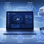 what new tech is coming out otvptech concept showing AI analytics dashboard with smart home, AR glasses, wearable tech and cybersecurity icons in a modern digital workspace