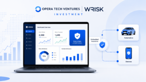 Opera Tech Ventures Wrisk investment illustration showing a digital insurance dashboard with embedded insurance connections to car and mobile device in a clean professional layout