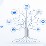 Nurture tech tips embedtree concept showing a digital tree with tech icons like folders, calendar, checklist, and automation gear in a clean layout