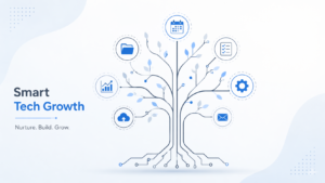Nurture tech tips embedtree concept showing a digital tree with tech icons like folders, calendar, checklist, and automation gear in a clean layout
