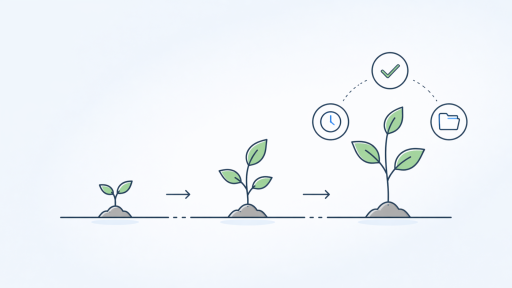 Nurture tech tips embedtree illustration showing step by step growth of a plant with simple tech icons like checkmark, clock, and folder