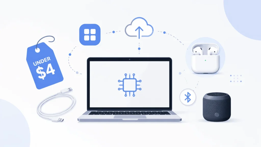 What is under 4 tech modern image with laptop and low-cost tech ecosystem