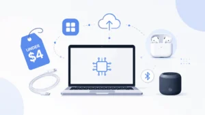 What is under 4 tech modern image with laptop and low-cost tech ecosystem