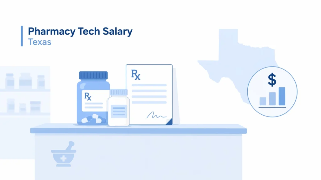 Modern pharmacy tech salary Texas illustration showing minimal pharmacy counter with medicine bottles, prescription sheet, and salary chart icon