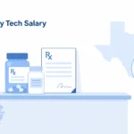 Modern pharmacy tech salary Texas illustration showing minimal pharmacy counter with medicine bottles, prescription sheet, and salary chart icon