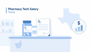 Modern pharmacy tech salary Texas illustration showing minimal pharmacy counter with medicine bottles, prescription sheet, and salary chart icon