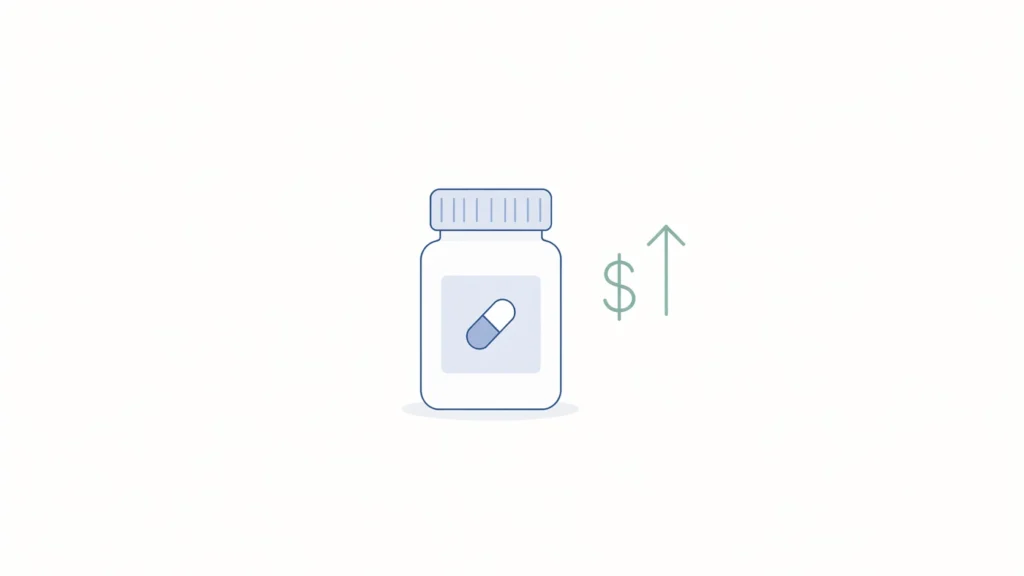 Minimal pharmacy technician salary concept with pill bottle icon and dollar symbol in clean professional layout