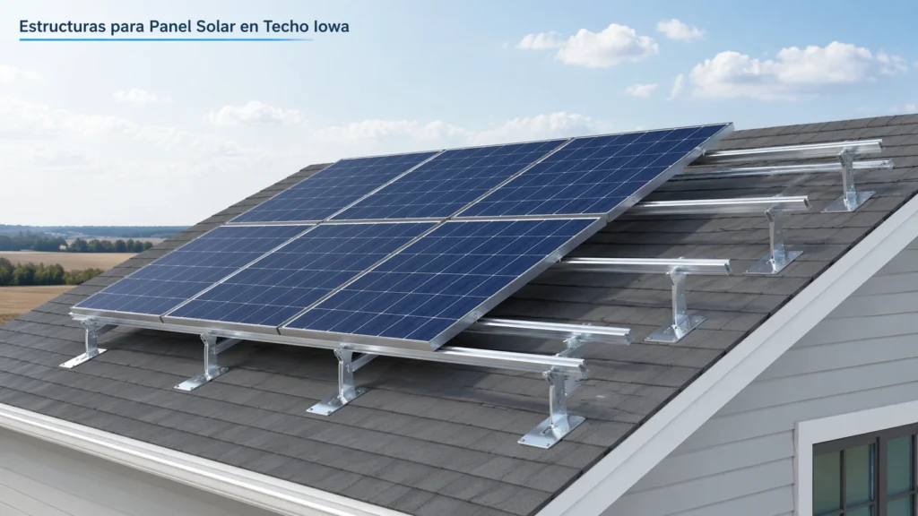 Estructuras para panel solar en techo Iowa instaladas en un techo residencial con sistema de rieles metálicos sosteniendo paneles solares inclinados