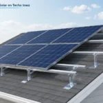Estructuras para panel solar en techo Iowa instaladas en un techo residencial con sistema de rieles metálicos sosteniendo paneles solares inclinados