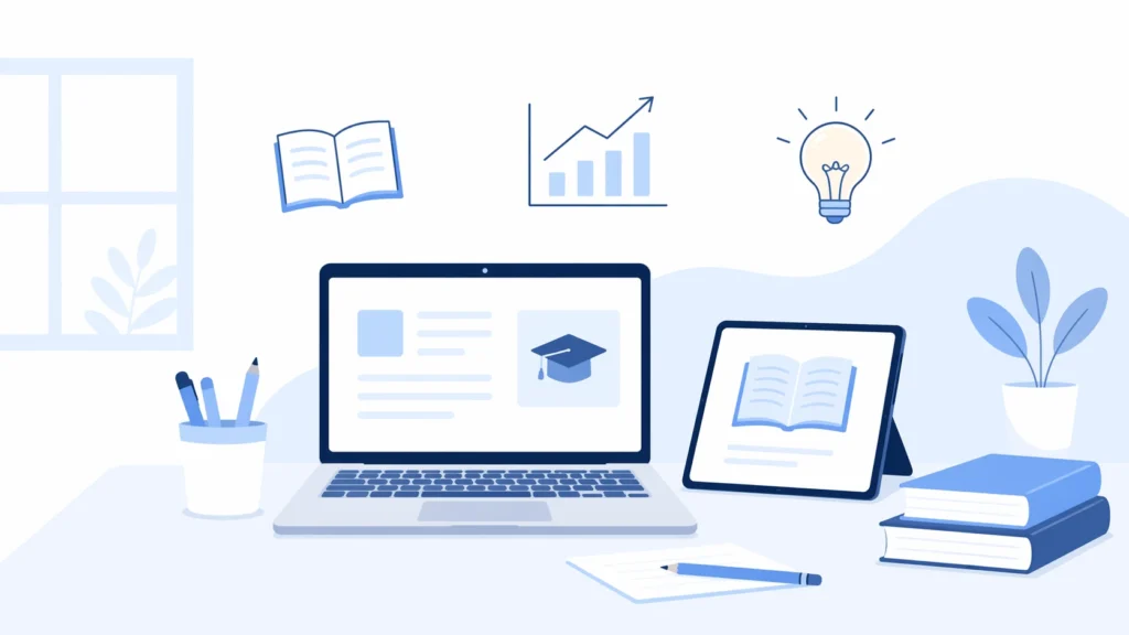 Ed-tech for homeschooling setup with laptop, tablet, and digital learning icons in a clean modern workspace