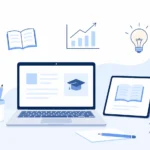 Ed-tech for homeschooling setup with laptop, tablet, and digital learning icons in a clean modern workspace