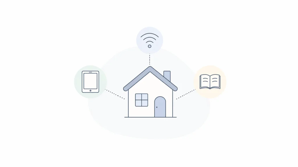 Minimal ed-tech for homeschooling concept with house icon and basic learning tools in a simple layout
