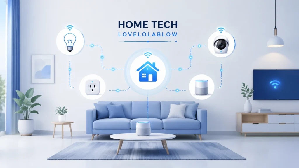 Modern smart home interior with connected devices like smart lights, camera, and speaker in a clean, minimal living room setup