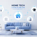 Modern smart home interior with connected devices like smart lights, camera, and speaker in a clean, minimal living room setup
