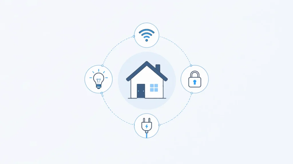 Minimal smart home automation concept with house icon and symbols for light, WiFi, security lock, and power connection