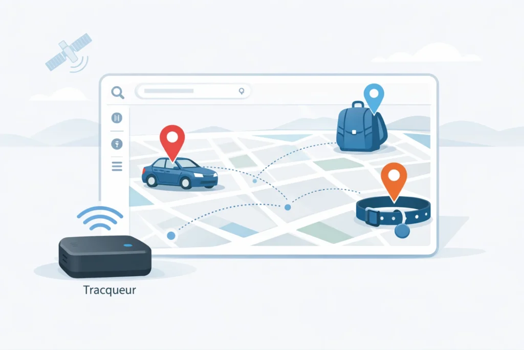 GPS tracqueur tracking car, bag, and pet on digital map interface with location pins and signal lines