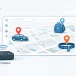 GPS tracqueur tracking car, bag, and pet on digital map interface with location pins and signal lines