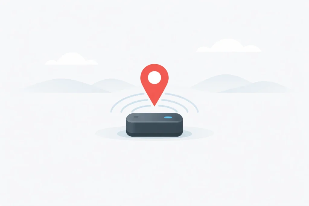 Minimal tracqueur device icon with location pin and signal waves on clean background