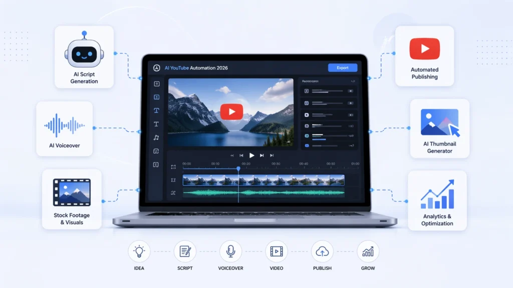 Best AI tools for YouTube automation 2026 concept showing laptop video editor with AI icons for script, voiceover, thumbnails, and analytics