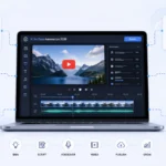 Best AI tools for YouTube automation 2026 concept showing laptop video editor with AI icons for script, voiceover, thumbnails, and analytics